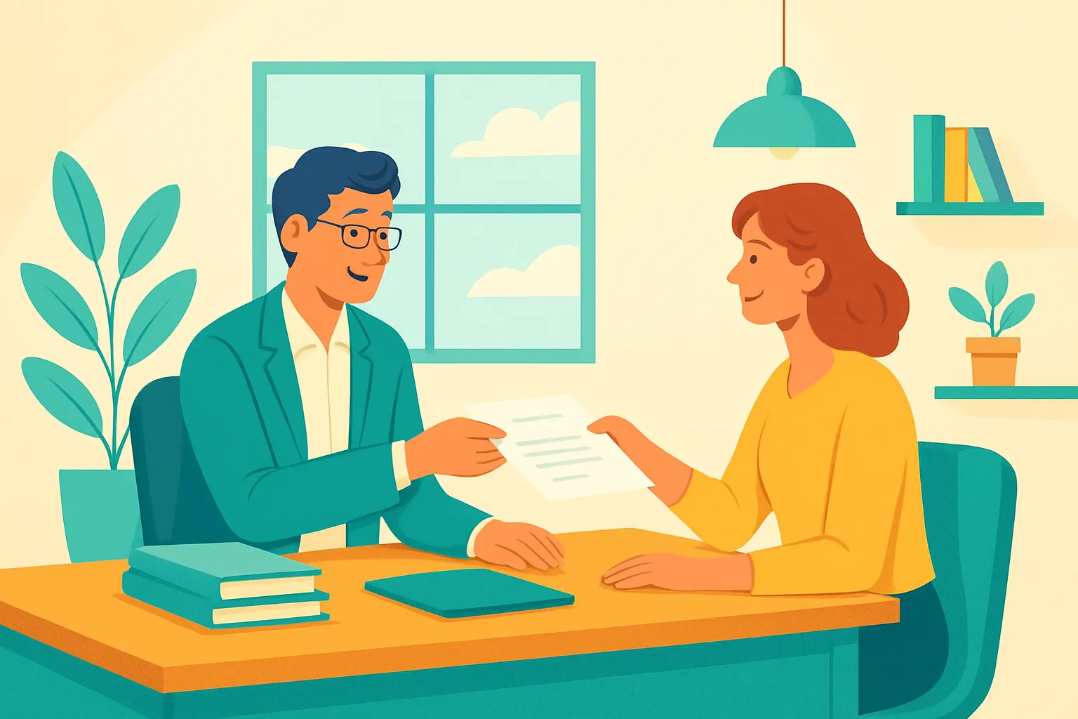 Consultant handing invoice to small-business client in a bright office.