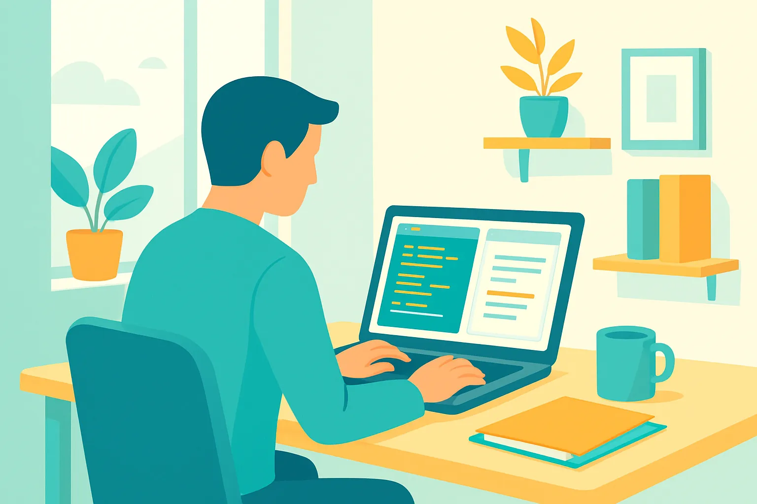 IT consultant at laptop in bright office, soft teal background