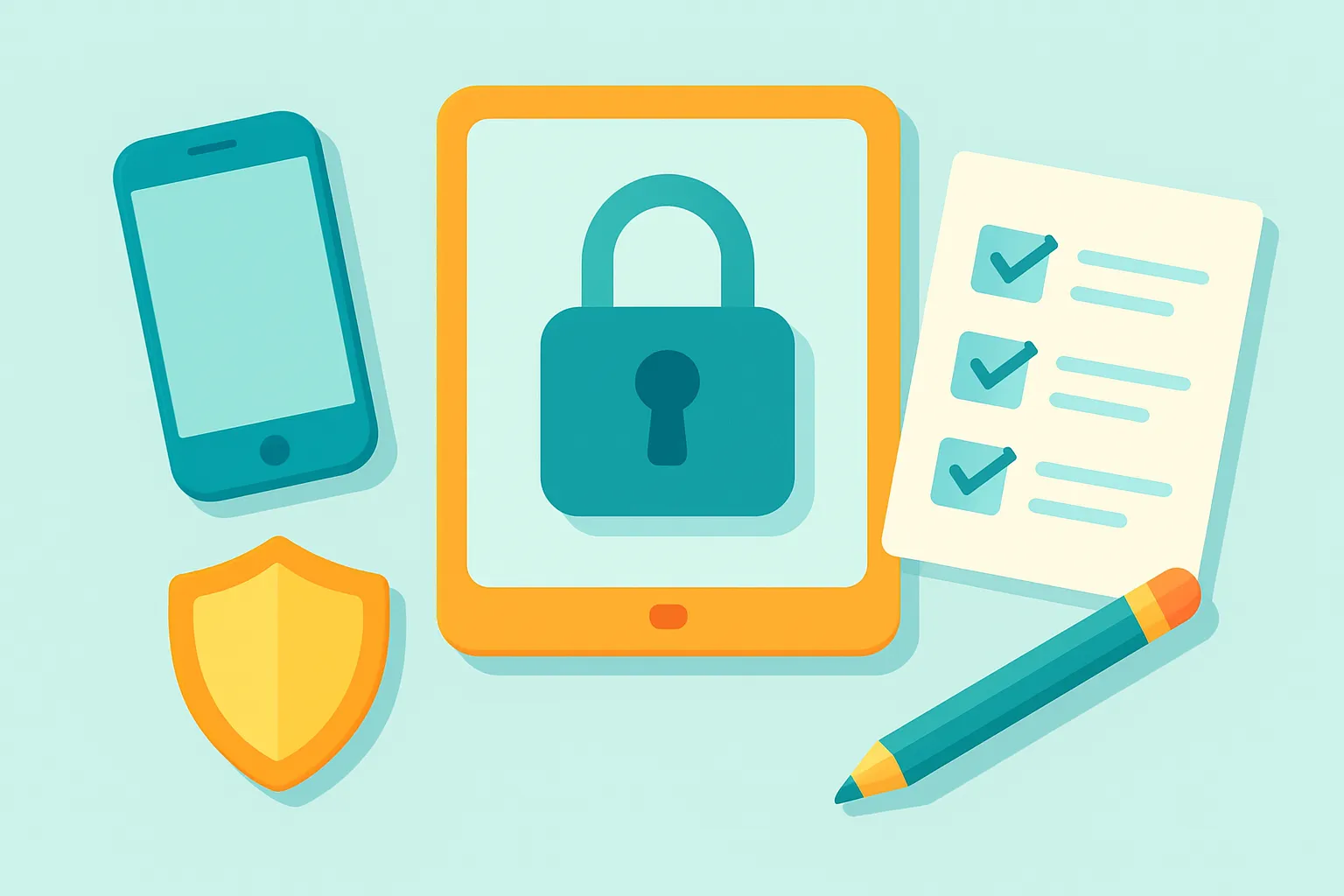 Flat-lay of cybersecurity items: phone, tablet with padlock, checklist