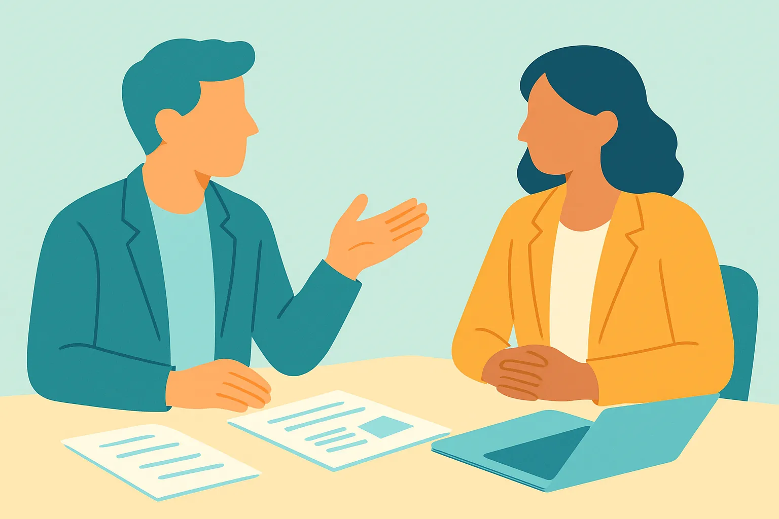 Consultant discussing documents with client in bright office