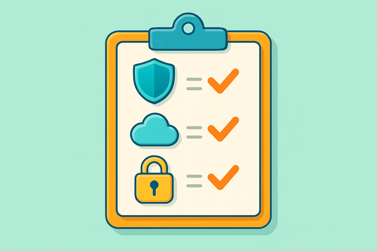 Clipboard checklist with shield, cloud and lock icons on teal background