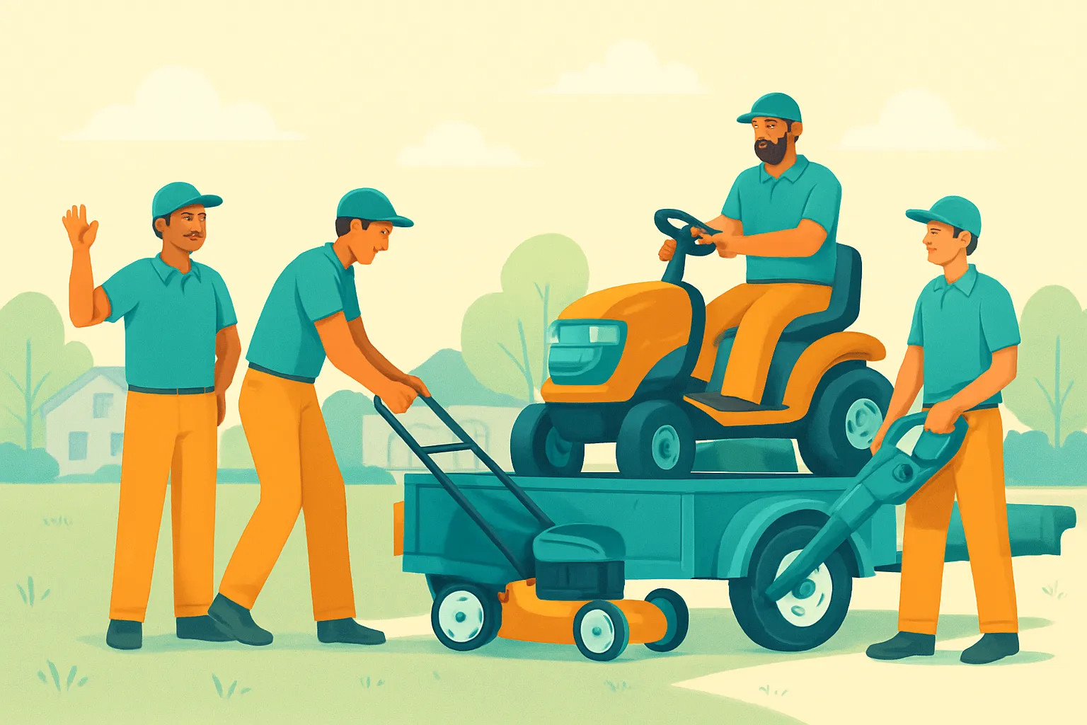 Small landscaping crew loading equipment into trailer, sunny morning