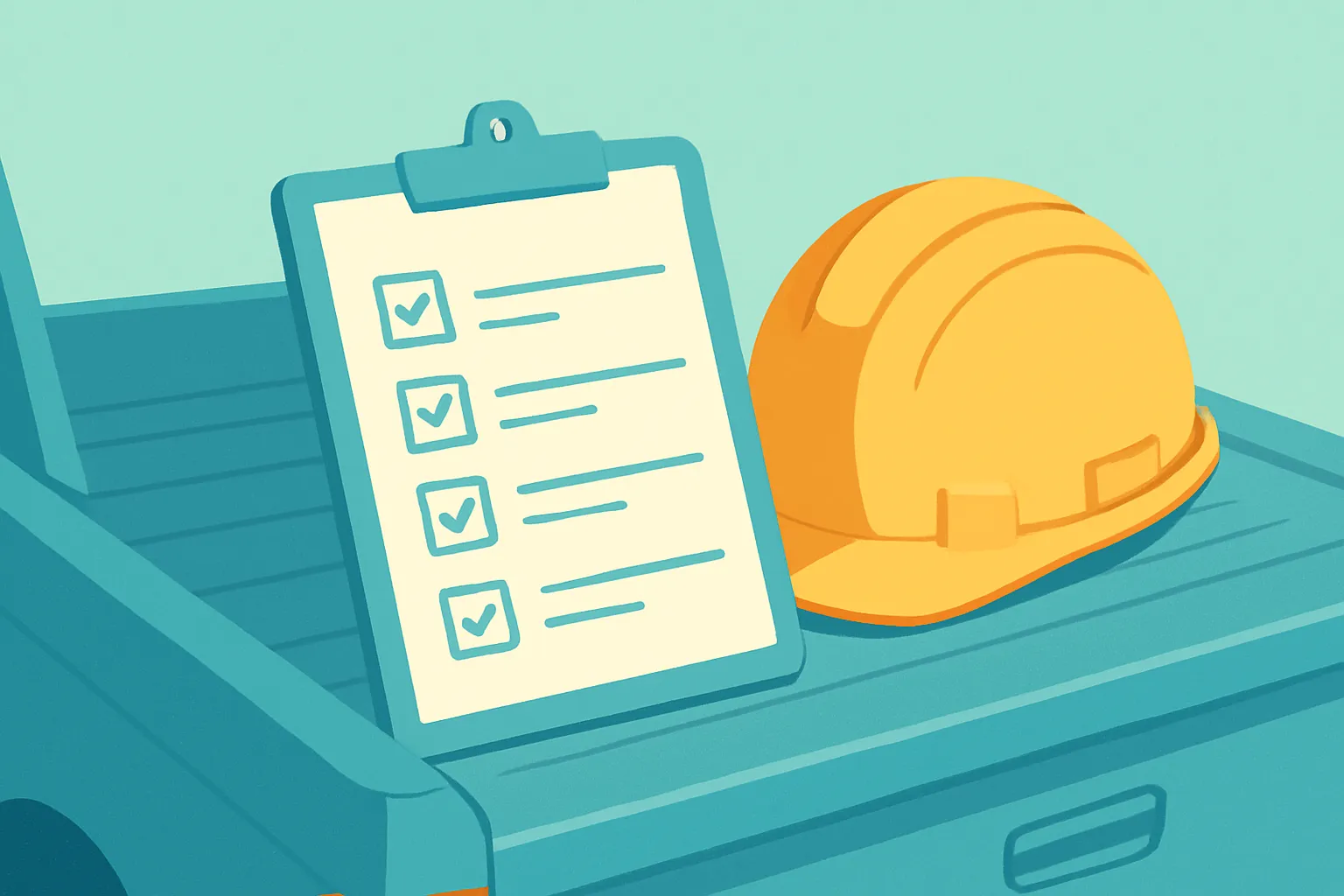 Safety checklist and hard hat on truck bed