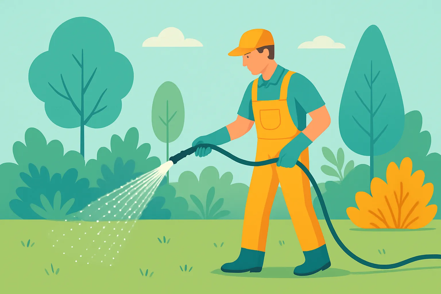 Landscaper tending lawn with tools and plants in background