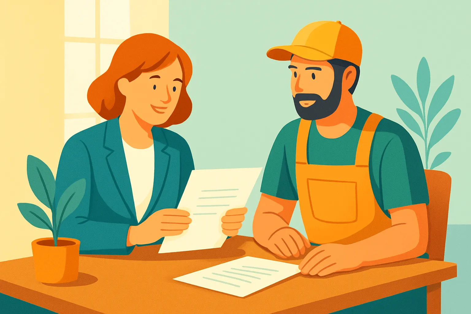 Agent and landscaper reviewing insurance documents at a desk