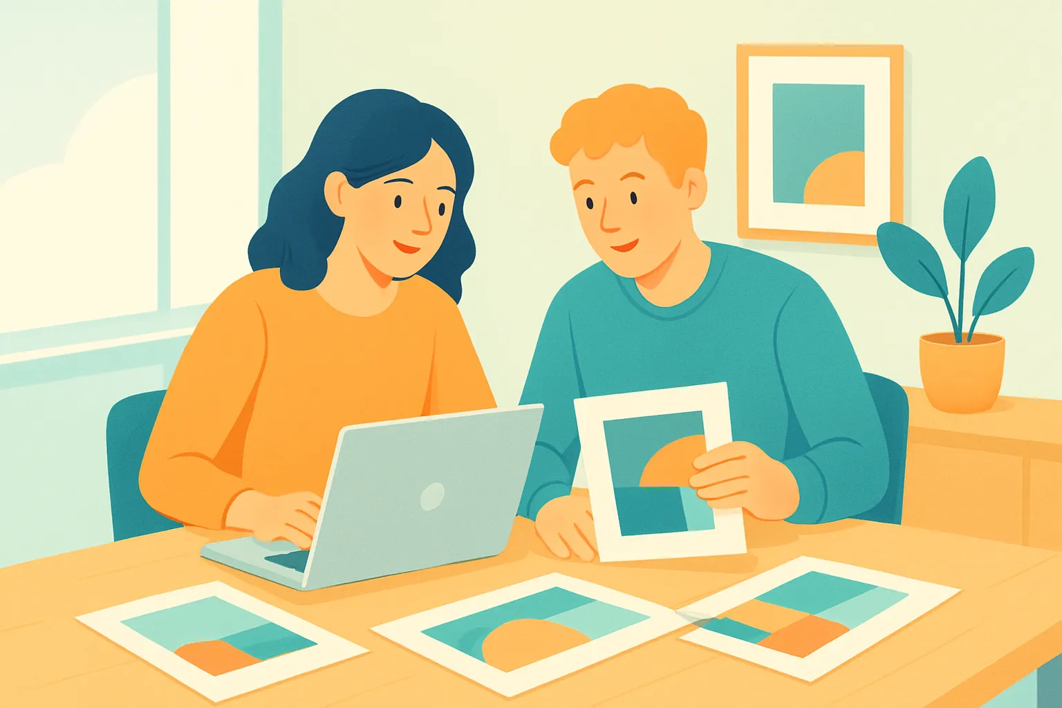 Marketing consultants reviewing ad campaign mockups at a bright desk