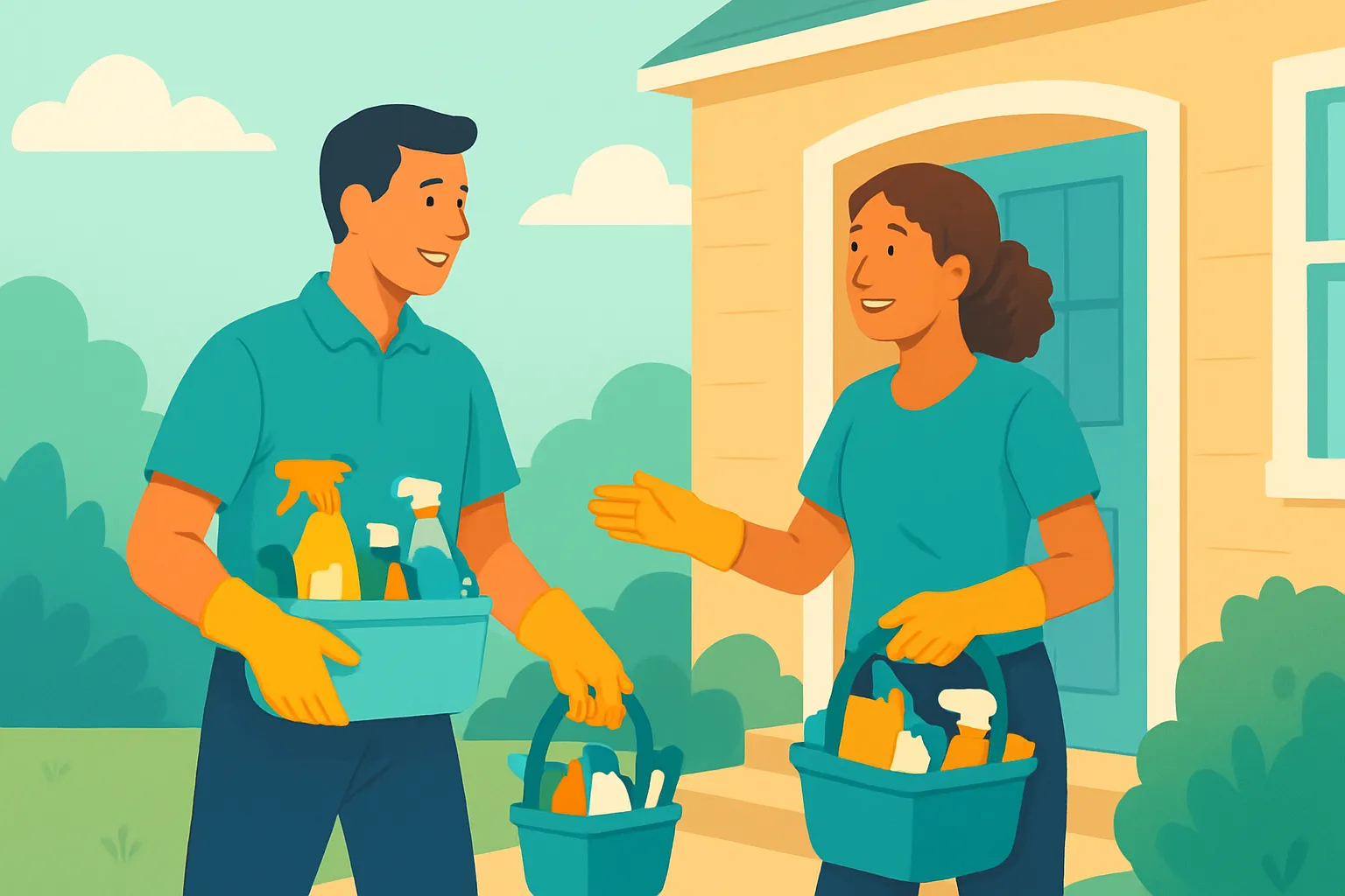 Two residential cleaners arriving at a house with cleaning caddies, bright daylight