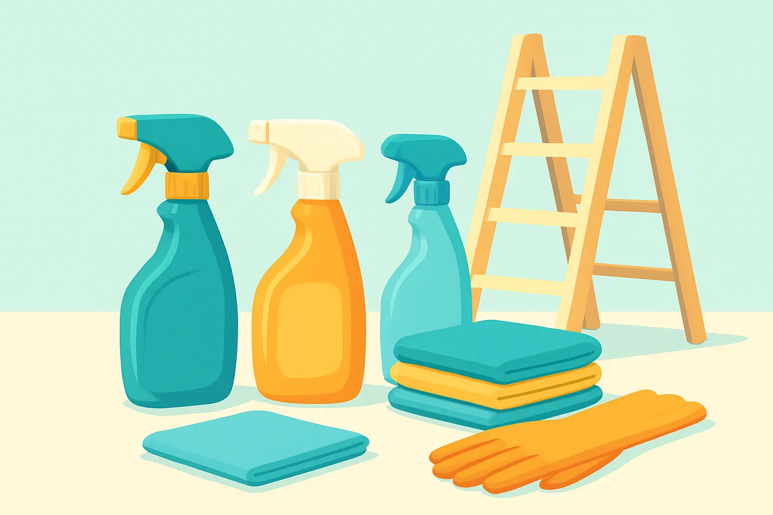 Cleaning supplies and tools organized on a light table, bright soft-blue background