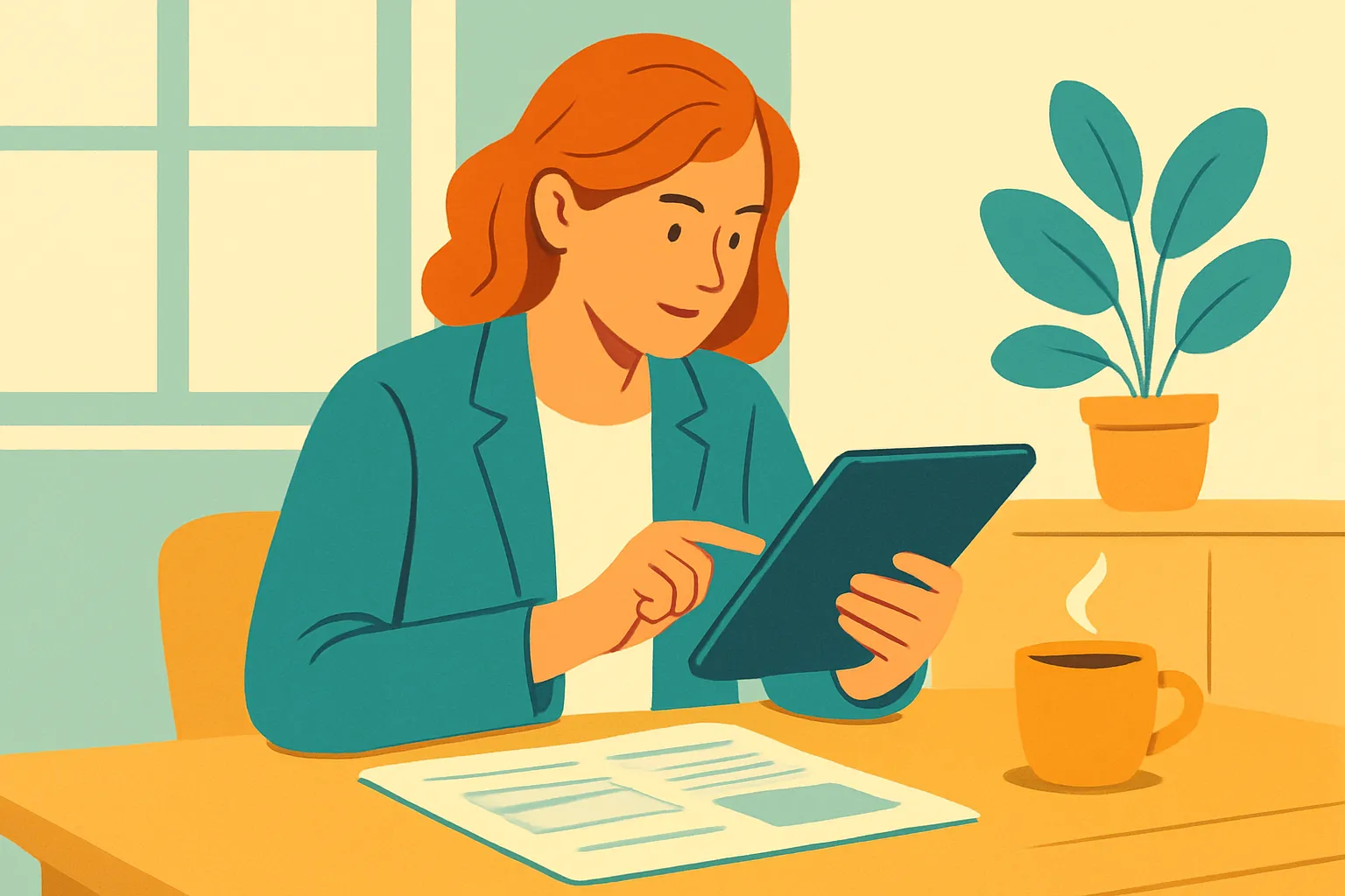 Cleaning business owner reviewing insurance documents on a tablet at a kitchen table