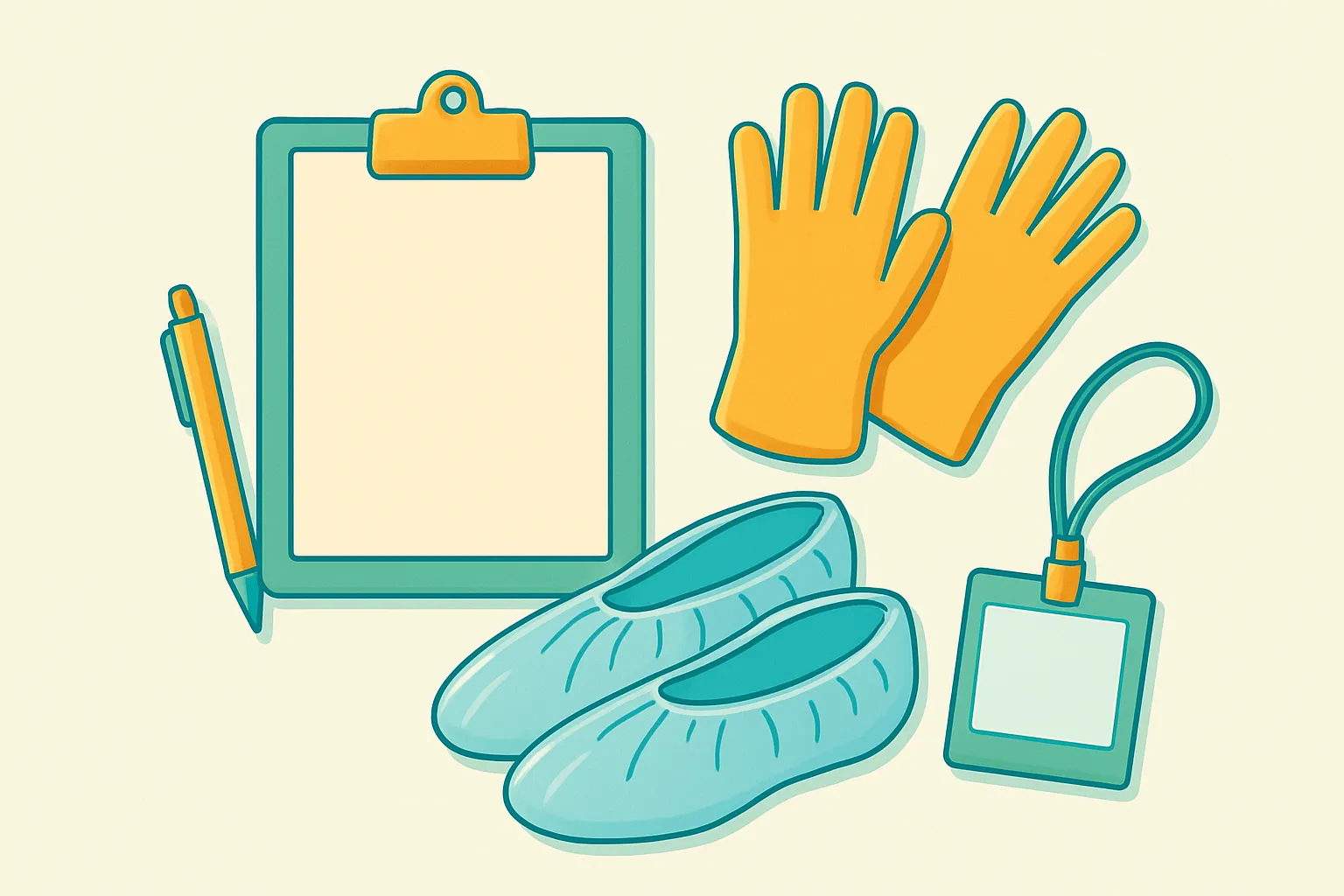 Checklist flatlay with clipboard, gloves, and ID badge on a light teal background