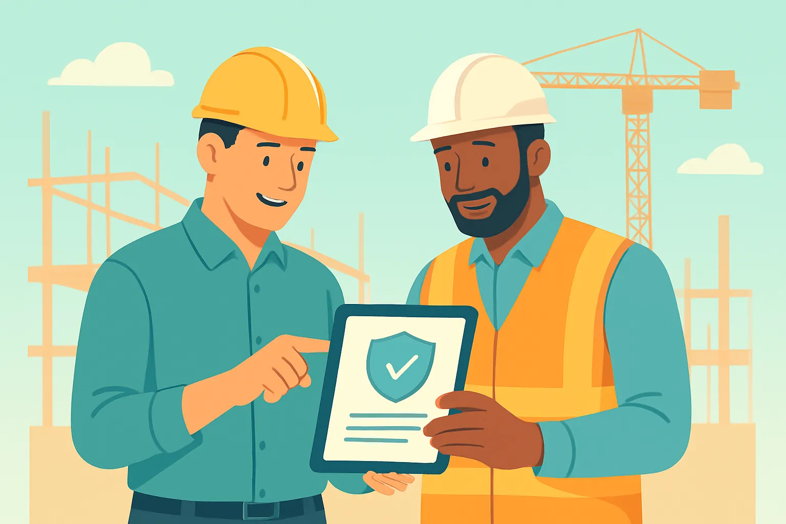 Contractor and subcontractor reviewing insurance certificate on tablet at a jobsite