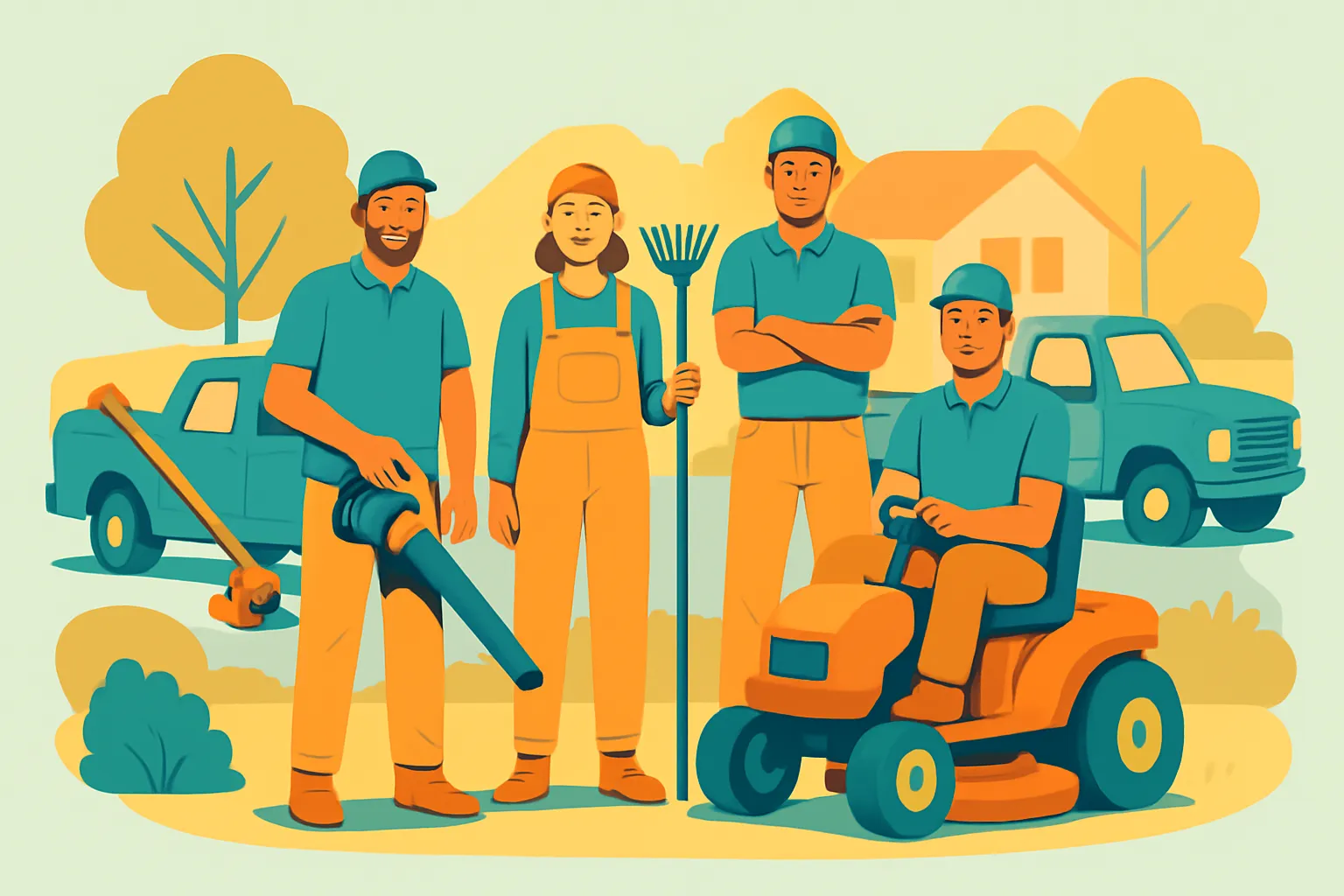 Landscapers and trucks at a residential jobsite
