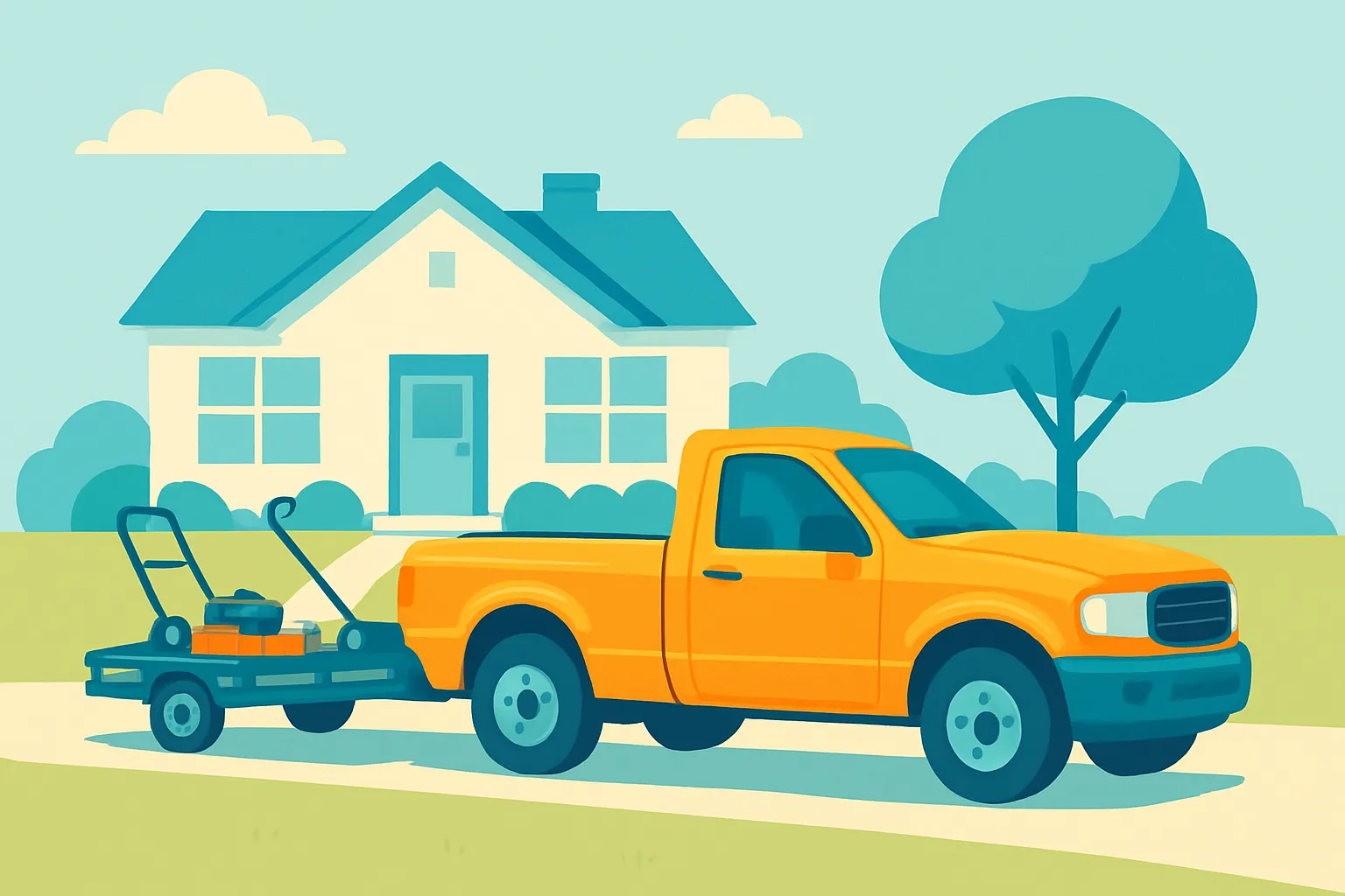 Pickup truck and trailer with lawn equipment parked in a sunny yard
