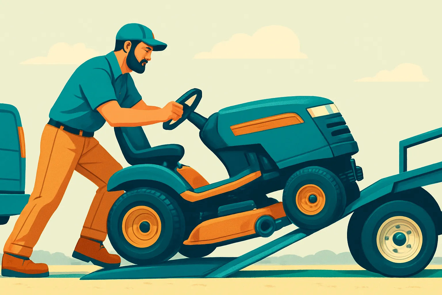 Contractor loading mower onto trailer