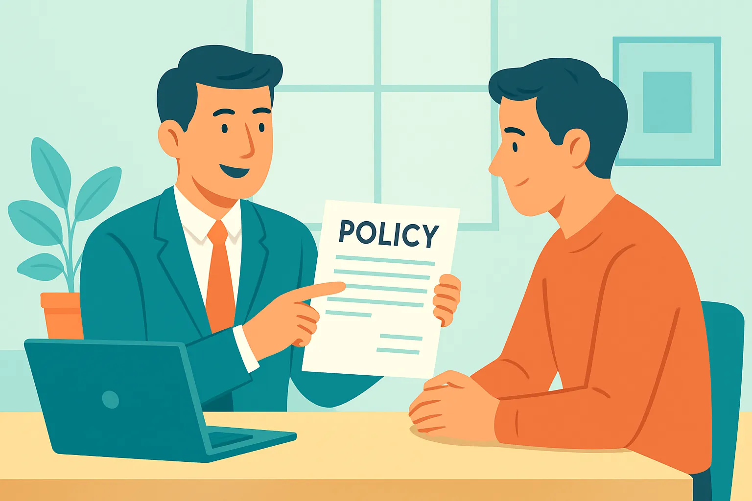 Insurance agent reviewing a policy with a small-business owner