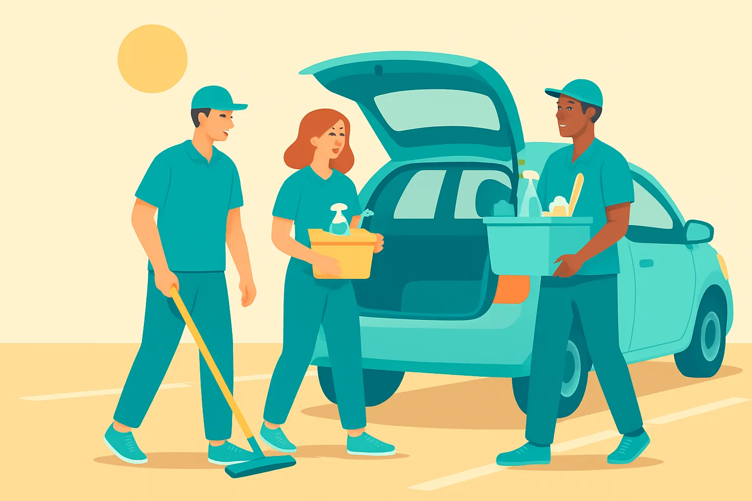 Cleaning crew loading supplies into a personal car between jobs