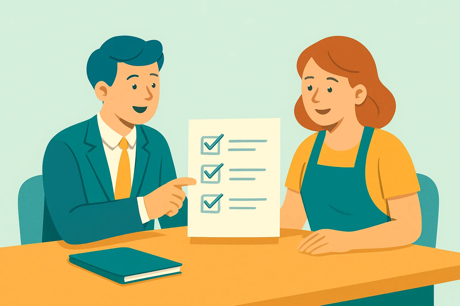 Agent and small-business owner reviewing a vehicle insurance checklist