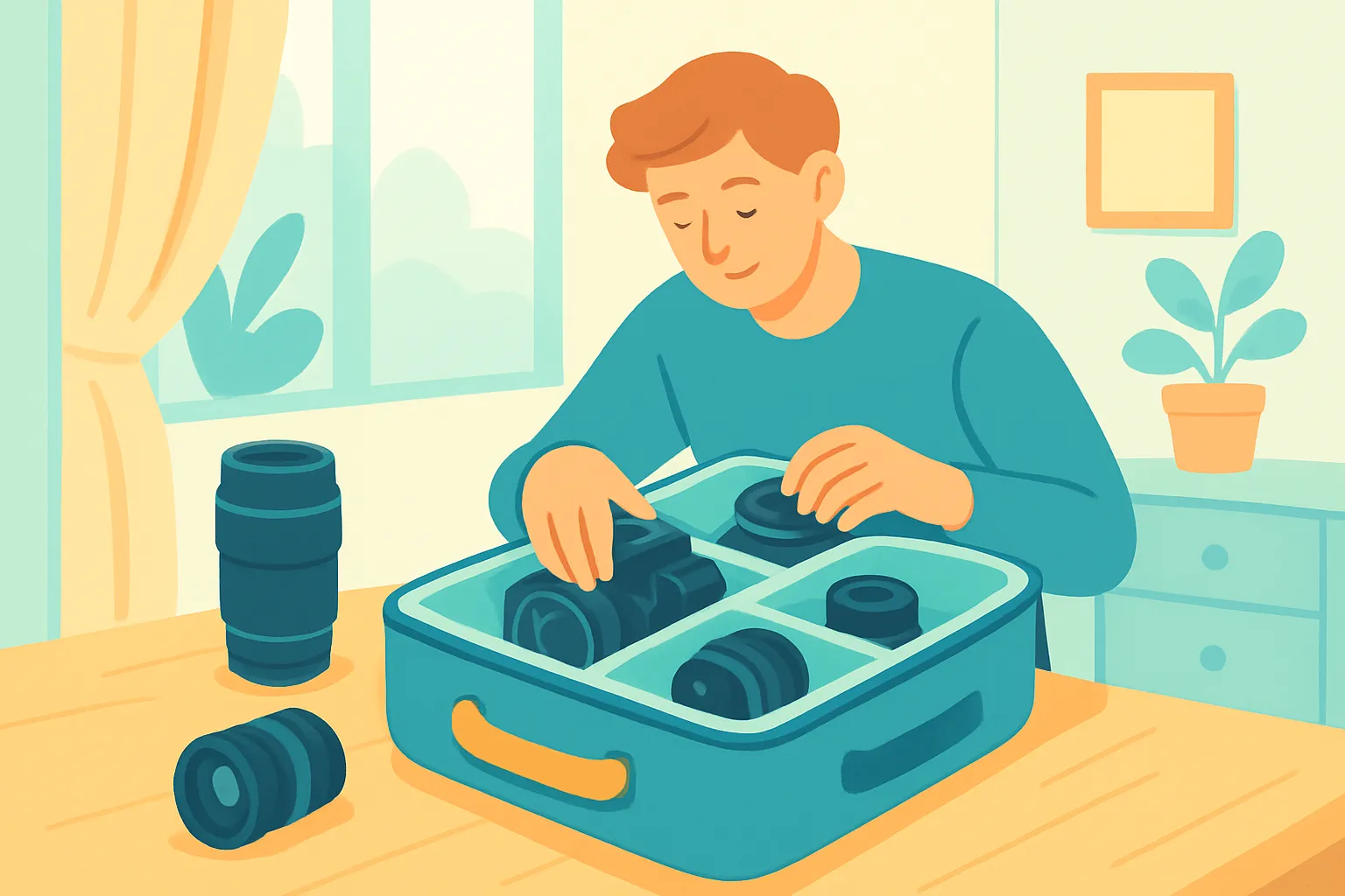 Photographer packing camera gear into a padded case on a light wood table.