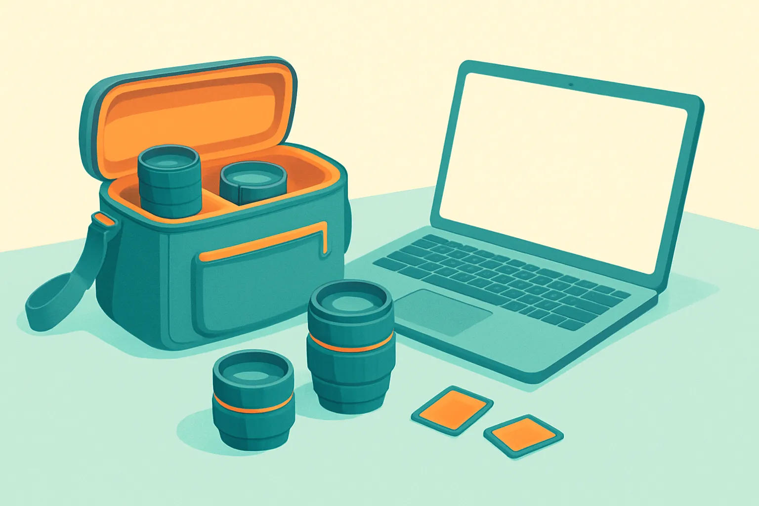 Open camera bag with lenses, memory cards, and laptop on a blue desktop.