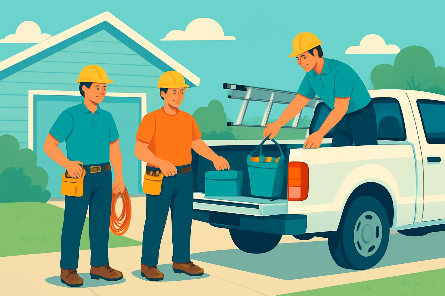 Electrical contractor loading tools into a pickup truck in daylight