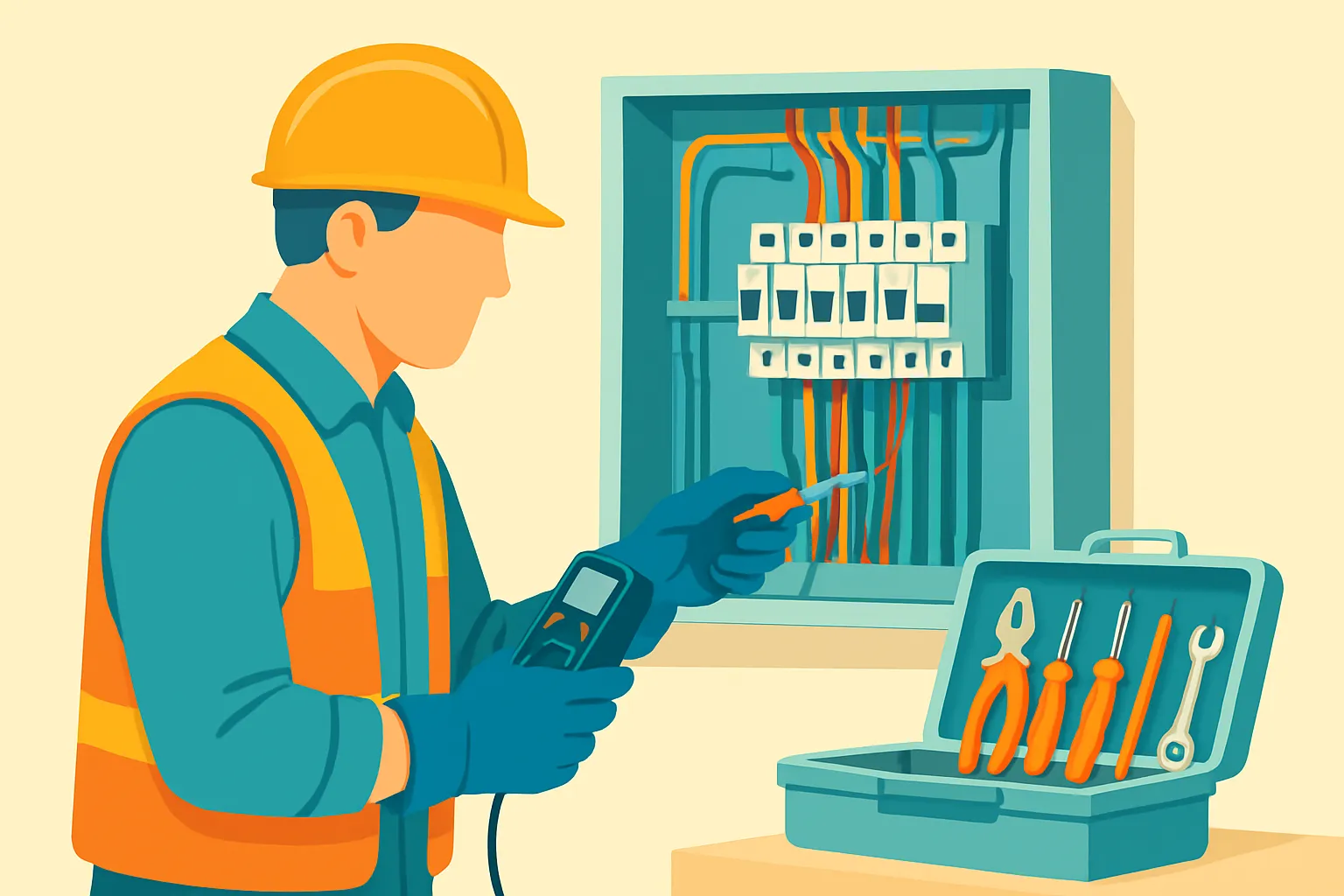 Electrician at service panel using tools and wearing PPE