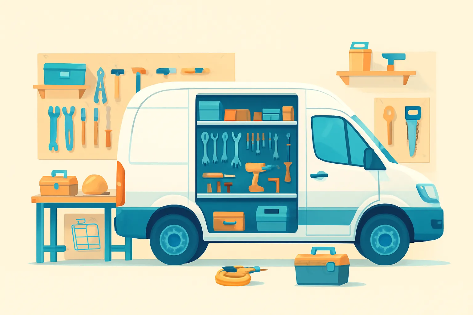 Contractor van with organized tools on light background