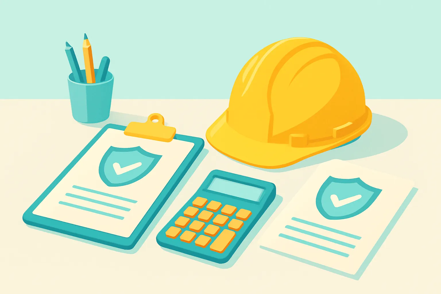 Insurance documents, calculator and hard hat on desk