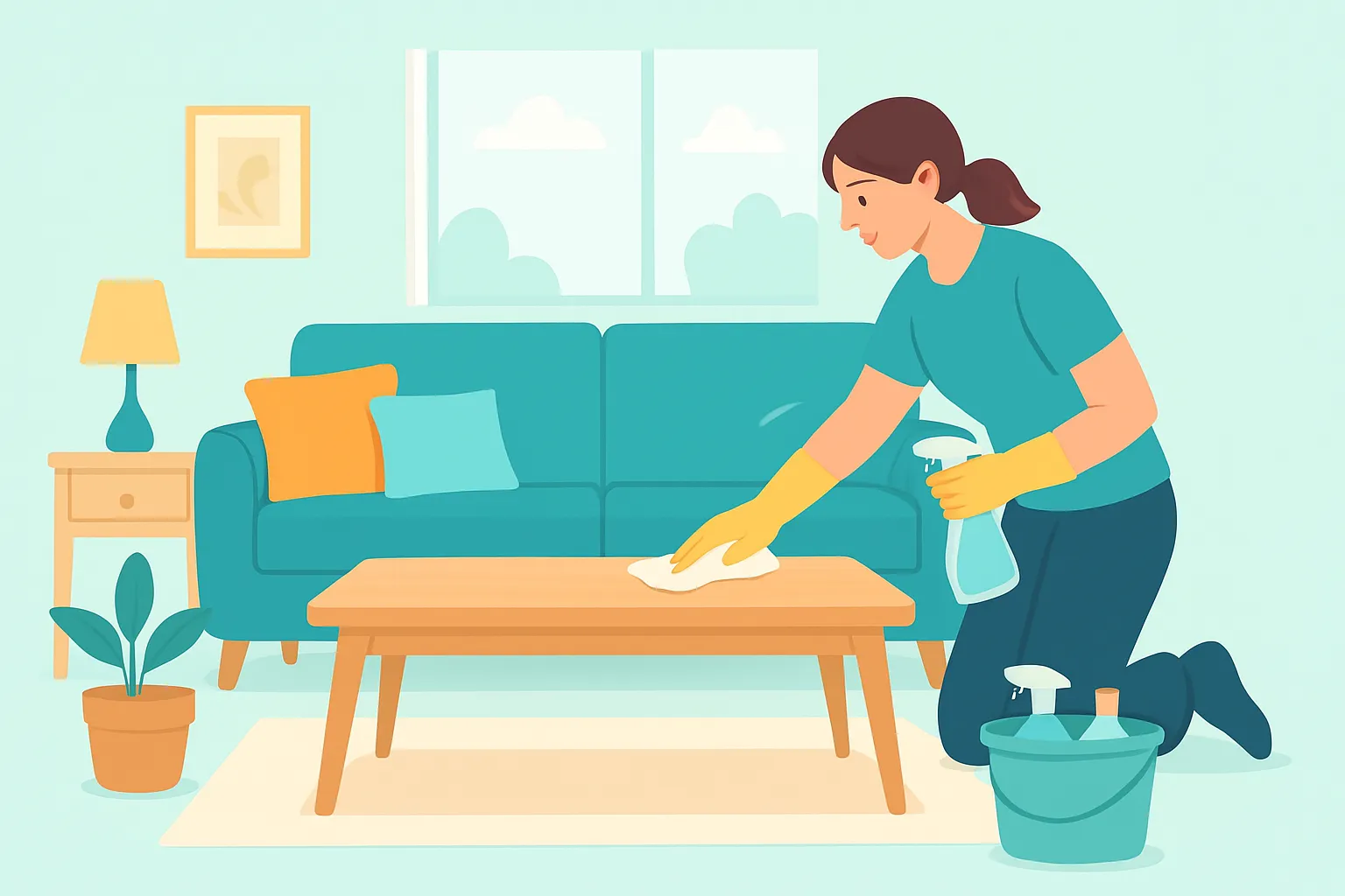 Cleaner straightening pillows in a short-term rental living room