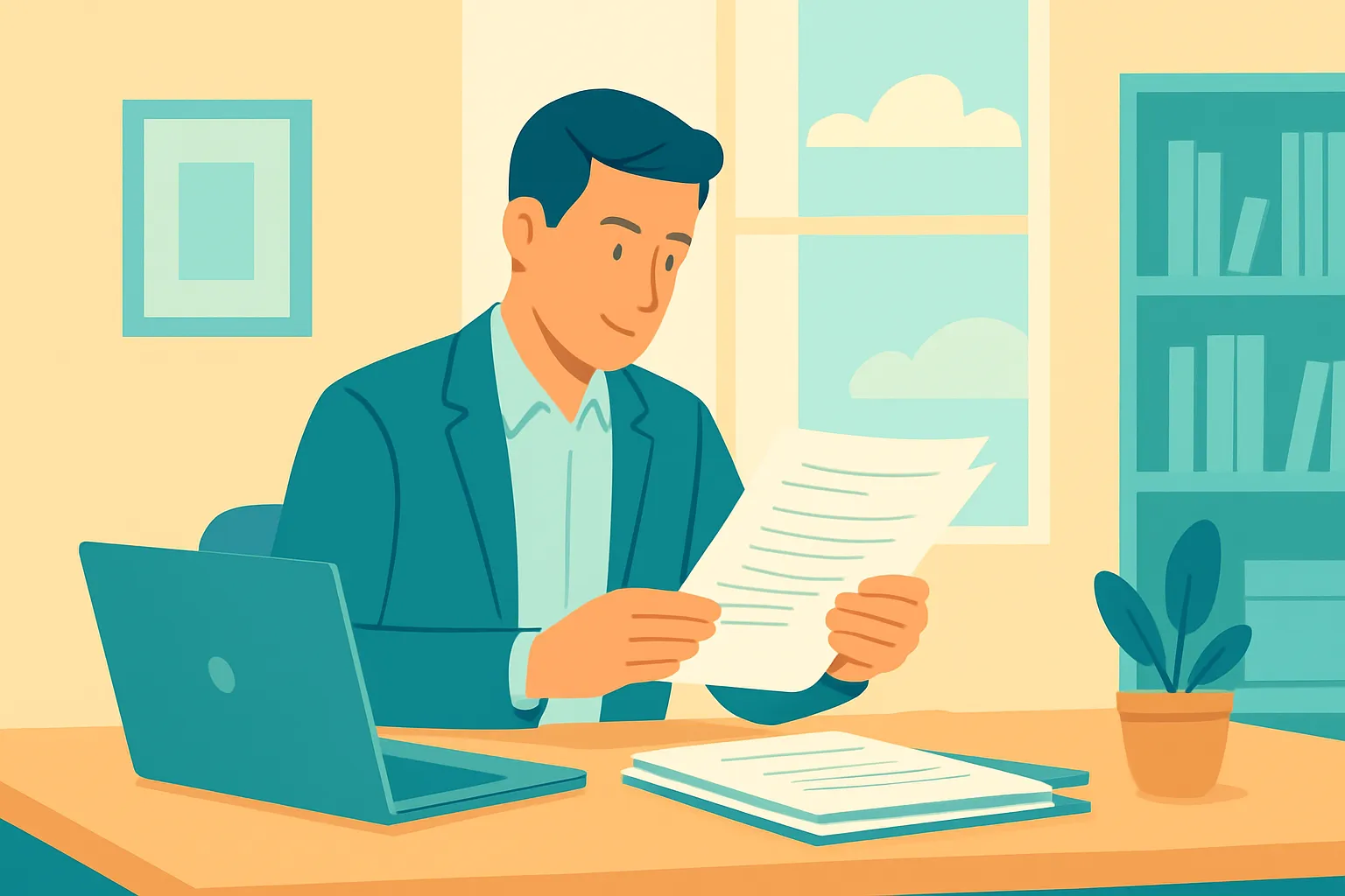 Consultant reviewing contracts at a bright desk