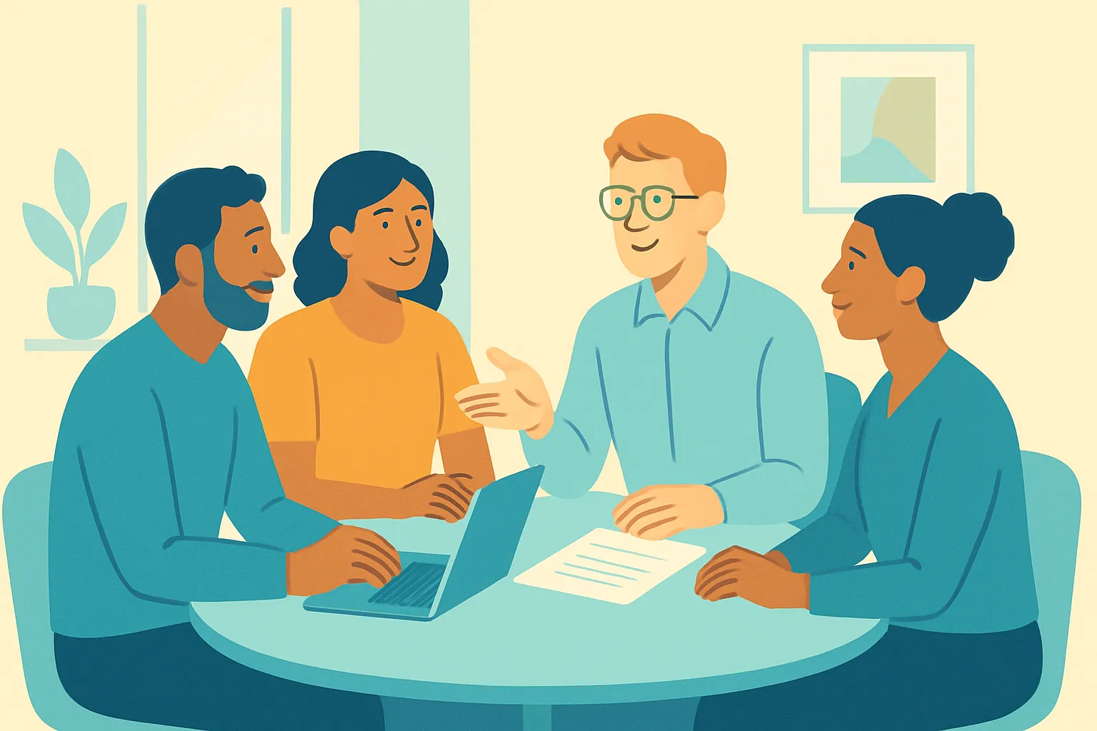 Consulting team meeting a client in a bright room