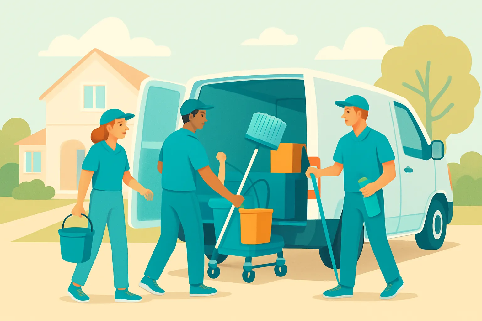 Cleaning crew loading equipment into van, bright sunny driveway