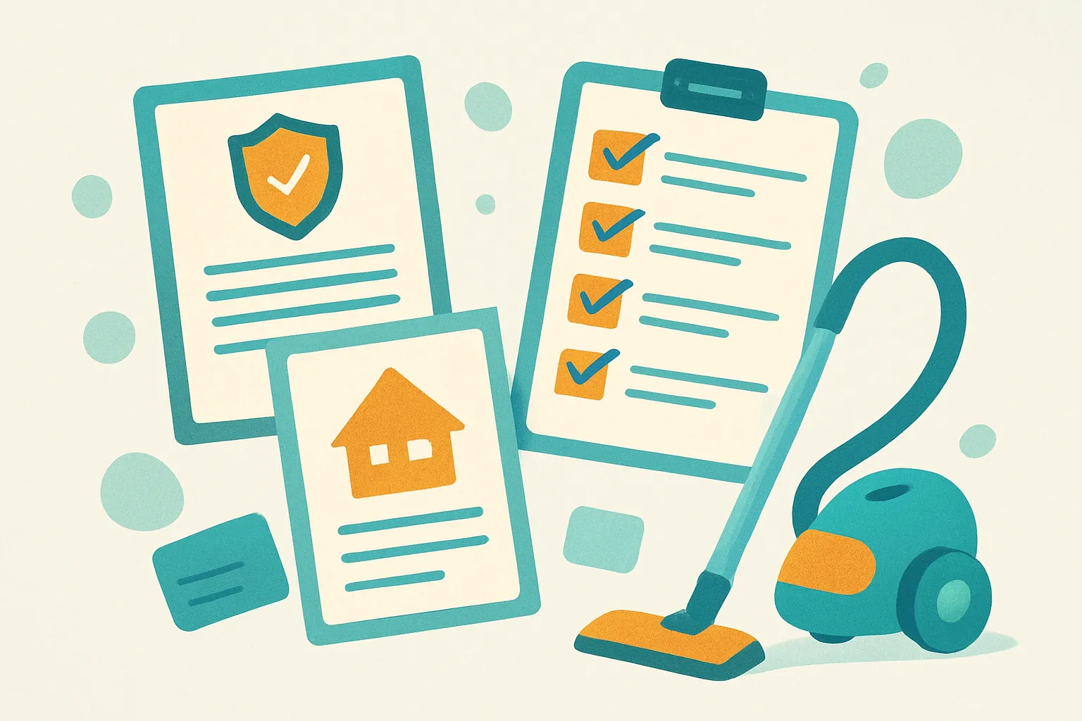 Flat-lay of insurance checklist and cleaning tools on light background
