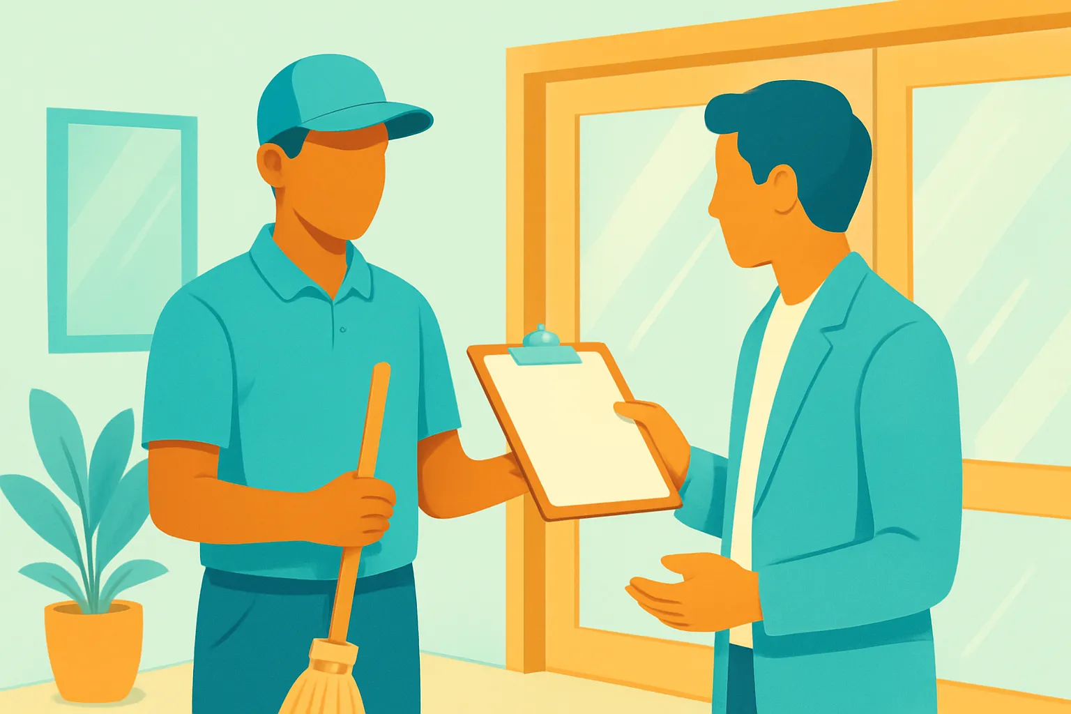 Janitor handing clipboard to client at business entrance