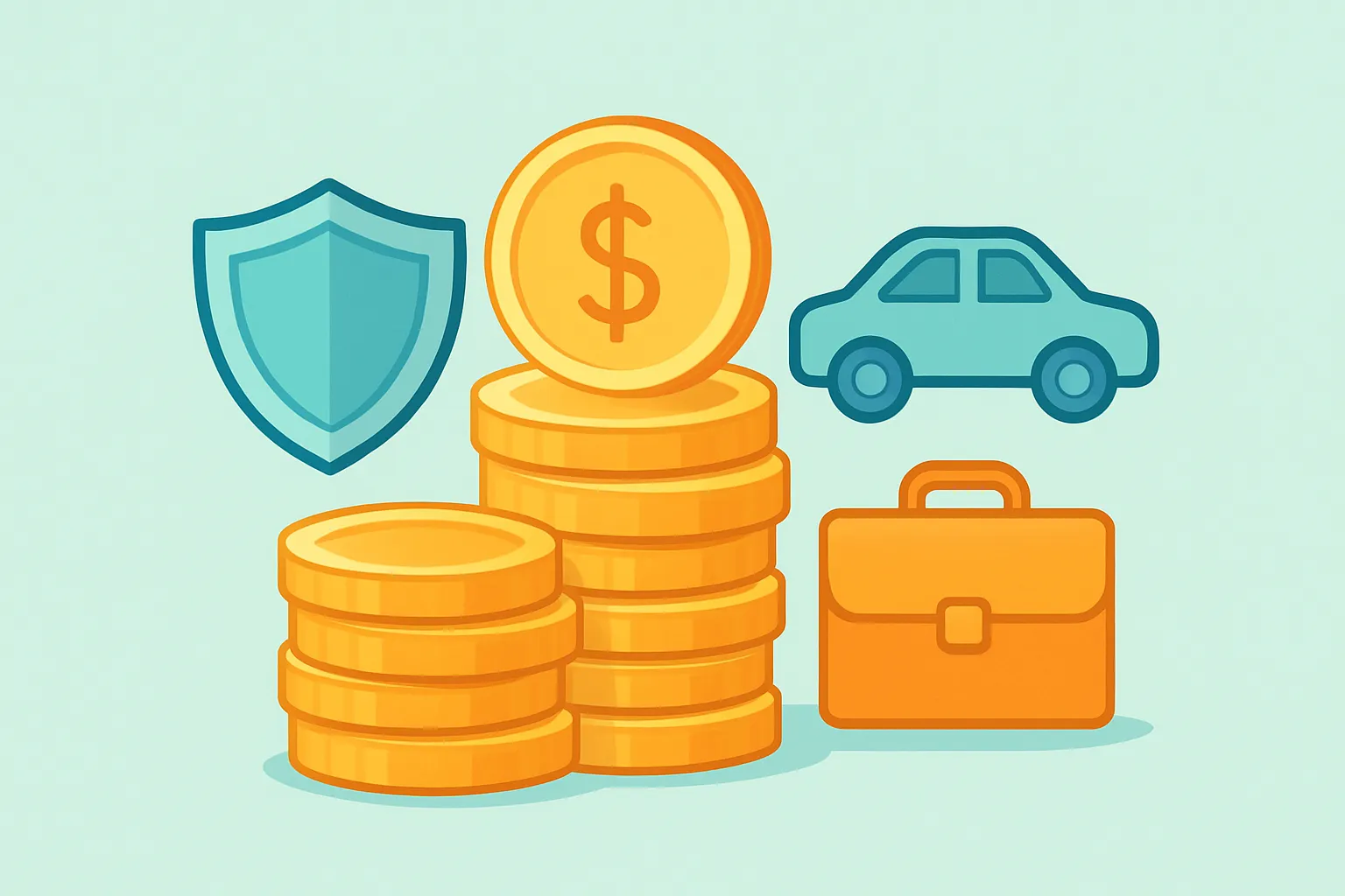 Stacked coins with insurance icons on soft teal background