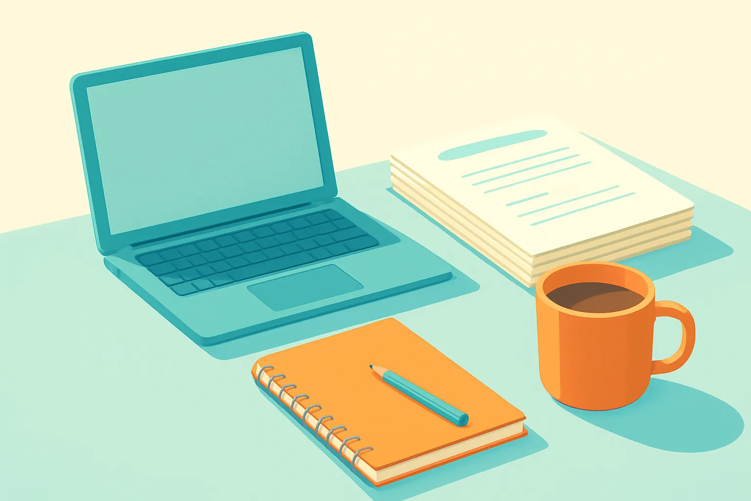 Home office desk with laptop, contracts and coffee on soft blue background