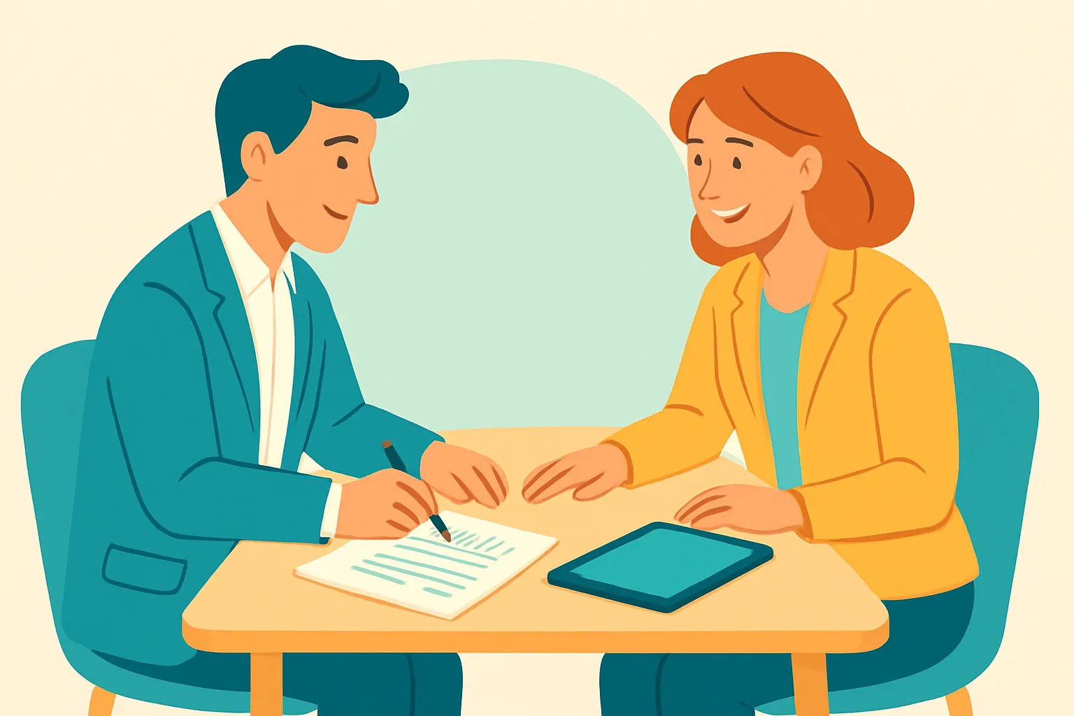Two consultants at a table reviewing a contract, teal background