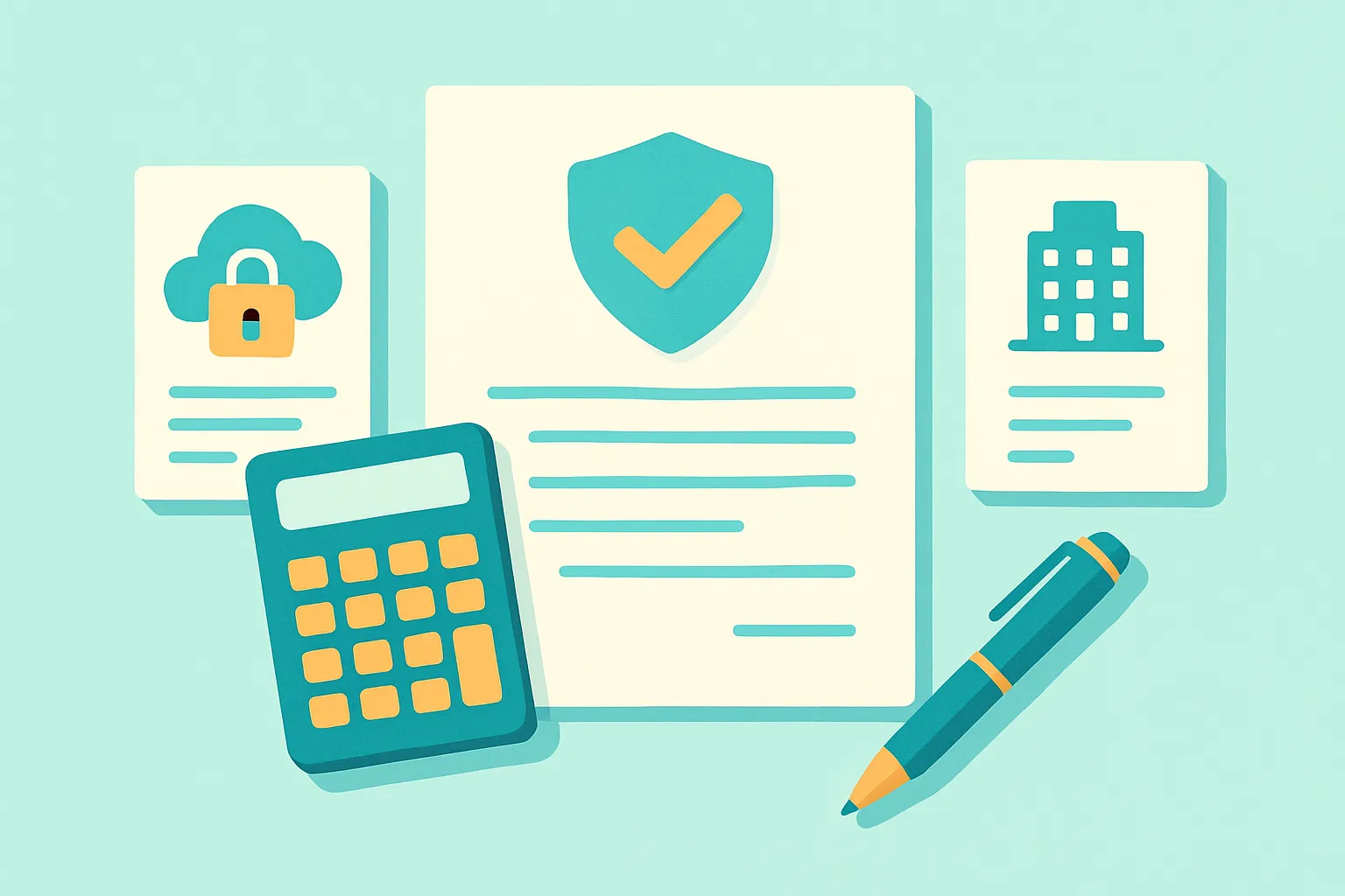 Insurance documents, calculator and pen, light teal background