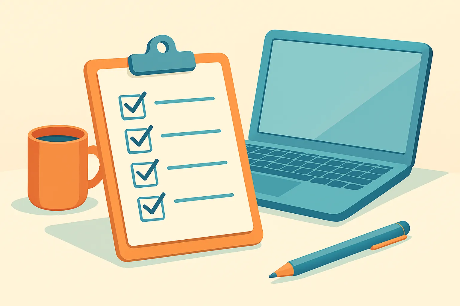 Clipboard with blank checklist beside laptop in bright office