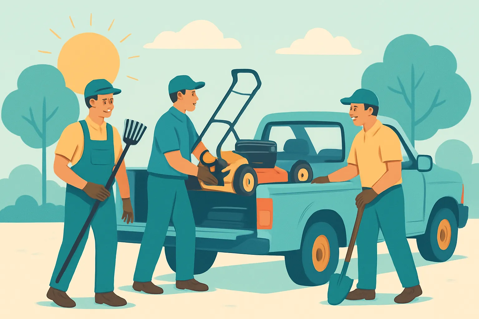 Small landscaping crew loading equipment into a truck at dawn