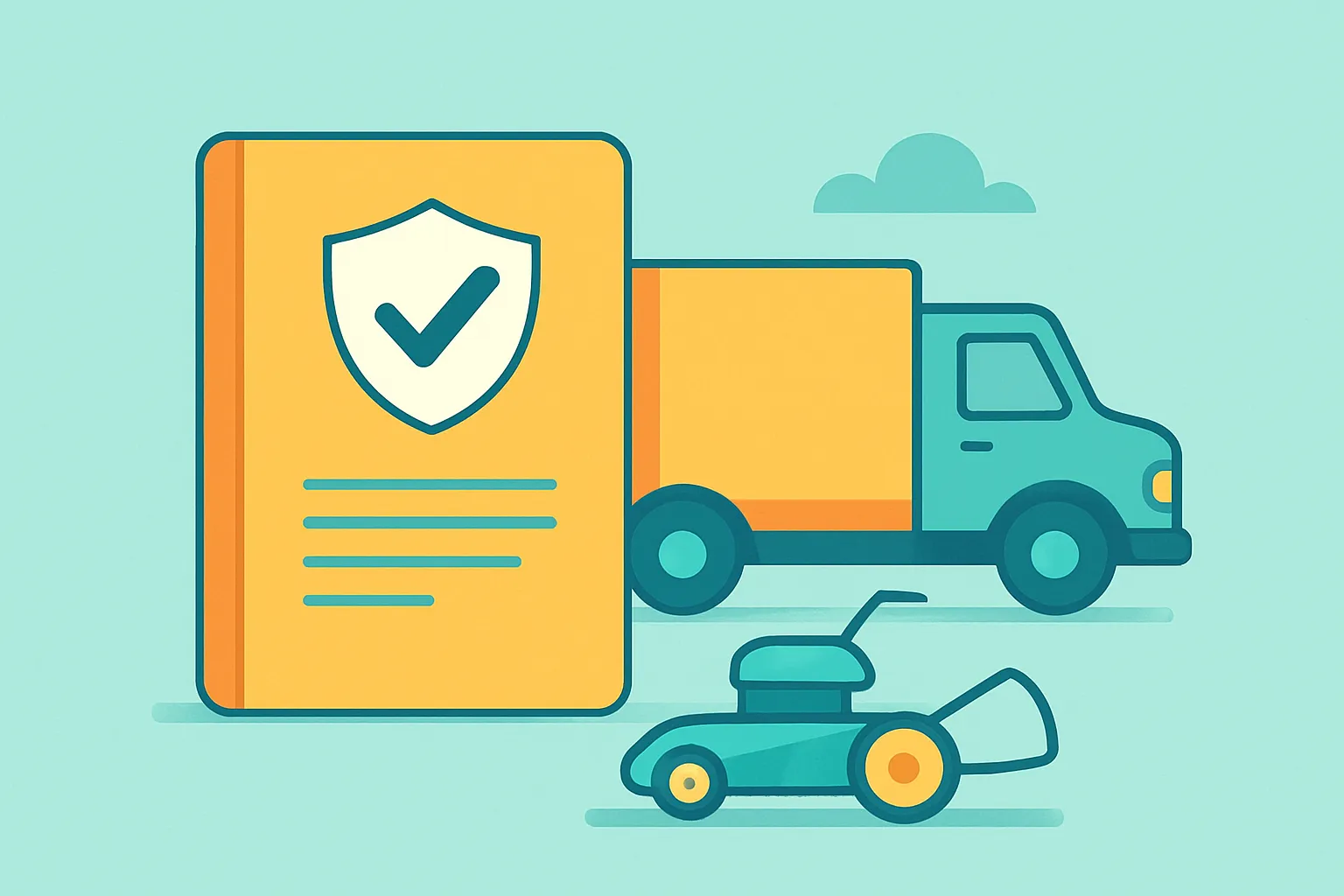 Icons for policy, truck, and mower on a light teal background