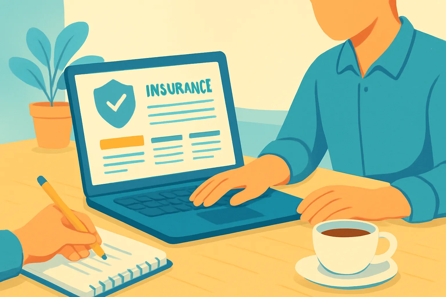Owner reviewing insurance quotes on laptop with notes and coffee