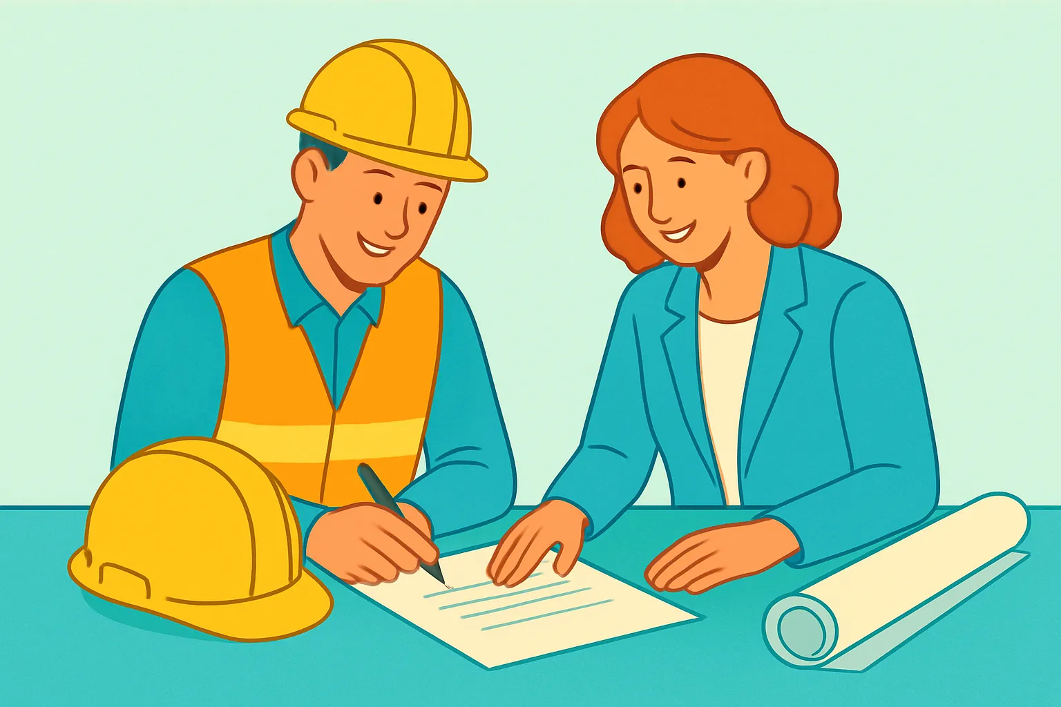 Contractor signing surety bond form on desk with helmet and plans