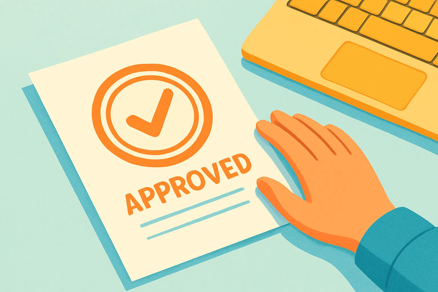Approved bond documents beside laptop and agent's hand
