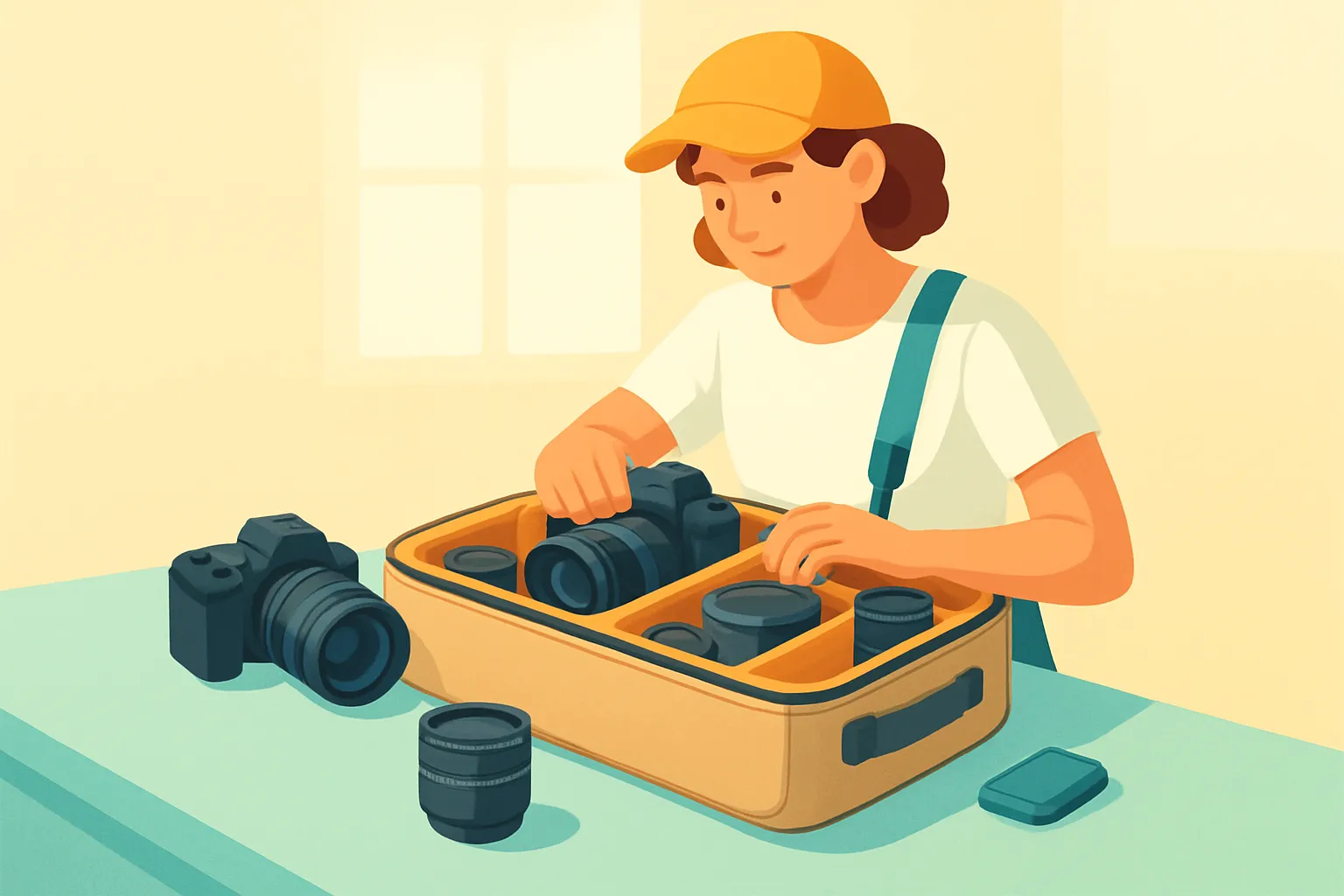 Photographer packing camera gear in padded bag