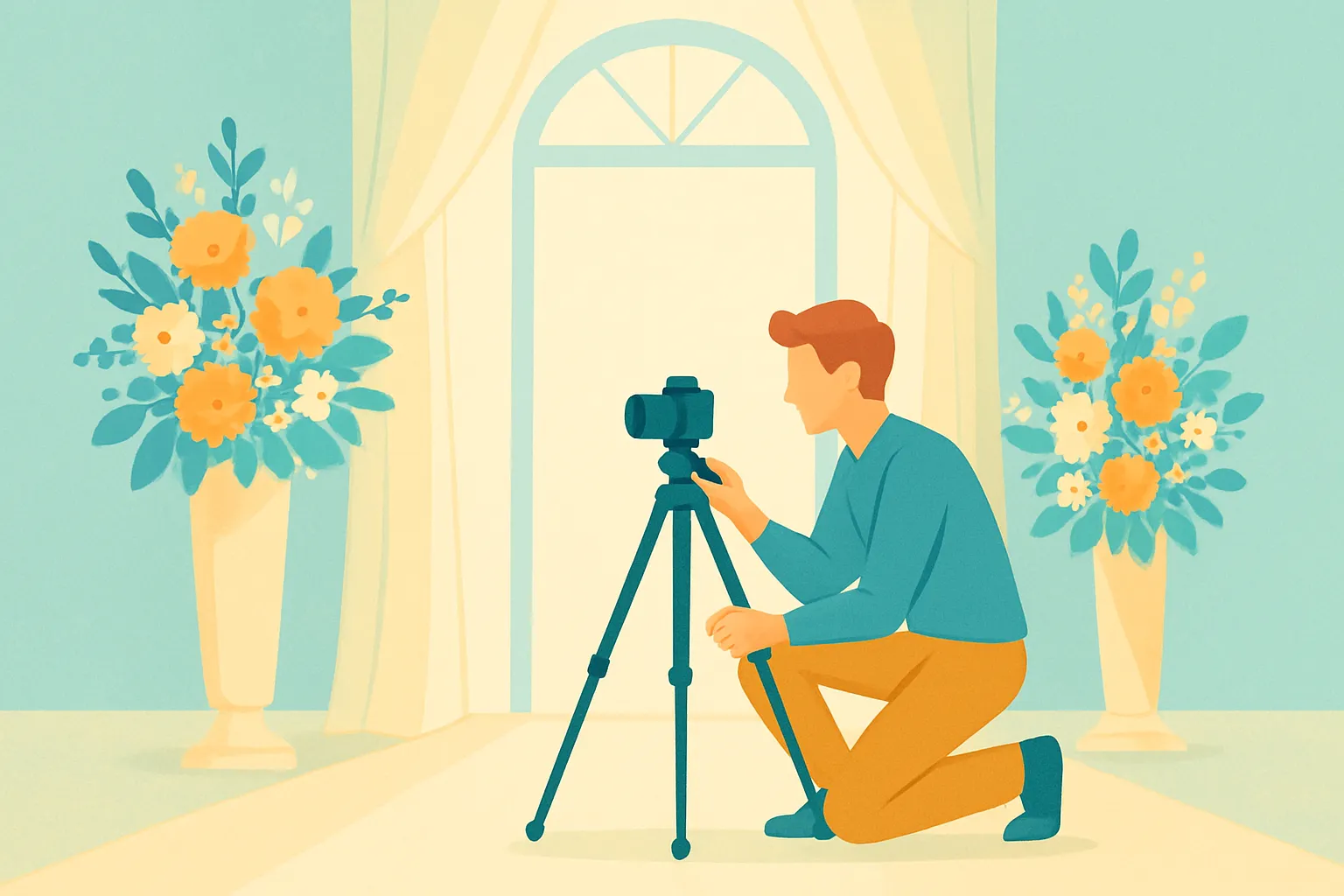 Photographer setting up tripod at wedding venue