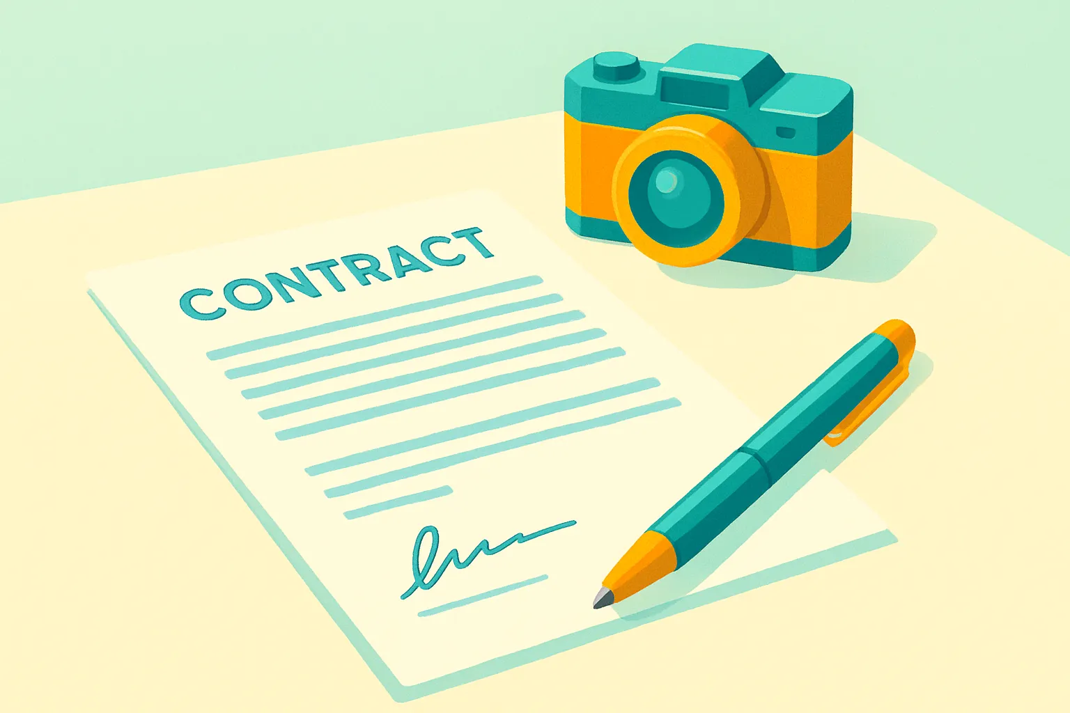 Signed contract and camera on table