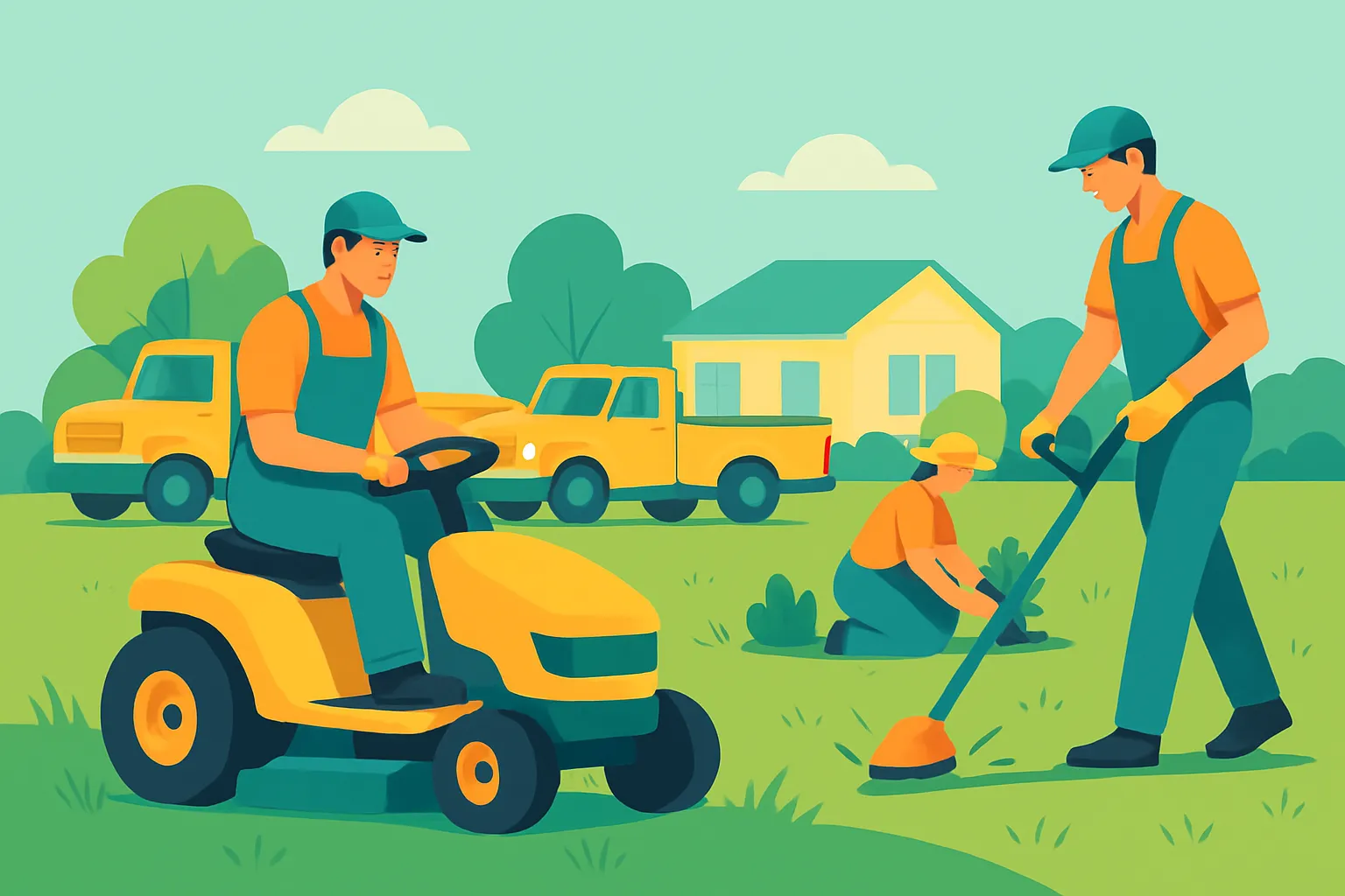 Landscaping crew mowing a suburban lawn with trucks and equipment