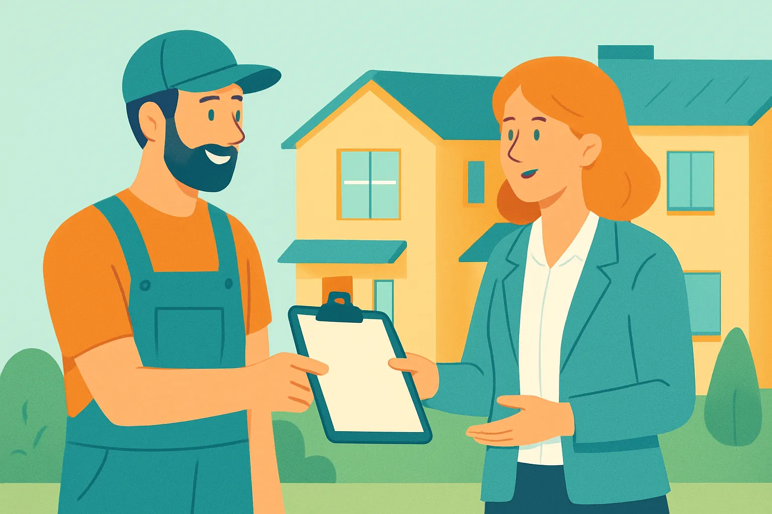 Landscaper giving clipboard to property manager at client site