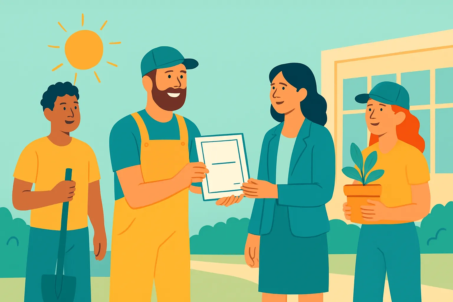 Landscaper handing COI to property manager on sunny site