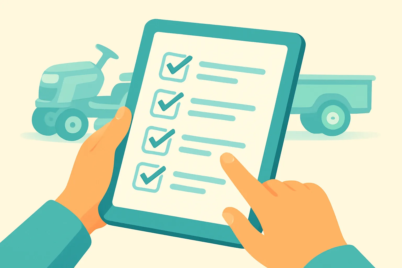 Tablet checklist of COI endorsements with mower in background
